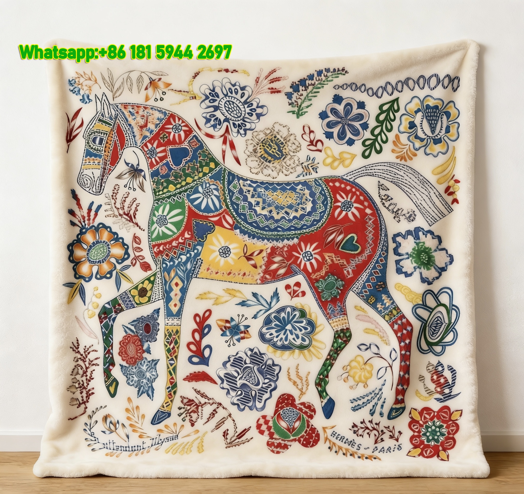 Hermès Colorful Folk Art Horse Flannel Throw Blanket IMG_5262